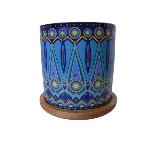 Succulent Pots 3 inch Mandala Boho Blue Ceramic with Bamboo Trays 2 Pcs Set - Picture 3 of 8